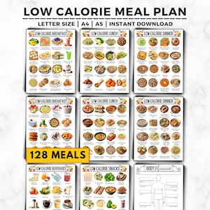 Low Calorie Meal Plan: 128 Meal Ideas, Weight Loss & Fat Loss Diet Tracker (Digital Download)