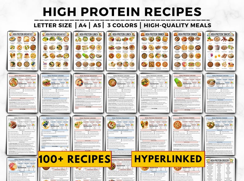 May include: A collection of digital recipe cards titled HIGH PROTEIN RECIPES, featuring various meal images, nutrition facts, and ingredient lists. The text includes LETTER SIZE, A4, A5, 3 COLORS, HIGH-QUALITY MEALS, 100+ RECIPES, and HYPERLINKED.