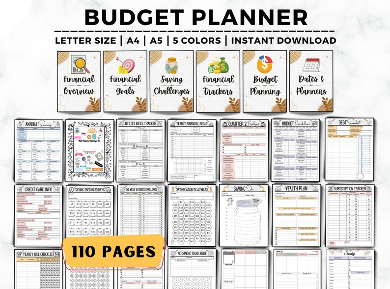 May include: A printable budget planner with 110 pages, featuring a variety of financial planning worksheets, including annual summaries, utility bills trackers, yearly financial recaps, quarterly budget trackers, debt trackers, credit card info, saving goals, wealth plans, and subscription trackers. The planner is available in letter, A4, and A5 sizes and in five colors.