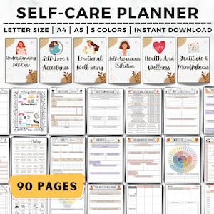 May include: A printable self-care planner with 90 pages. The planner includes sections for daily care, self-compassion, self-care checklist, my self-esteem, personal boundaries, anger management, challenging negative thoughts, wheel of emotions, social self-care, coping skills, and the five ways to well-being. The planner is available in letter size, A4, and A5.