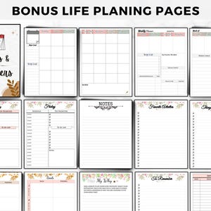May include: A collection of planner pages with various layouts for dates, weekly planning, and notes. The pages feature floral accents and include sections for goals, to-do lists, and important dates. The top of the image reads "BONUS LIFE PLANNING PAGES".