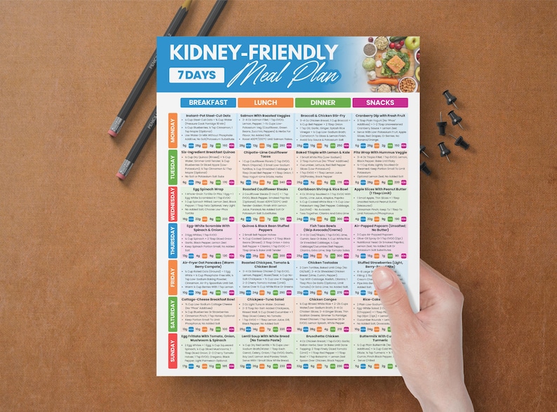 May include: A colorful 7-day kidney-friendly meal plan. The plan is held by a hand and includes breakfast, lunch, dinner, and snack options. The text "Kidney-Friendly Meal Plan" is at the top, with the days of the week listed down the side.