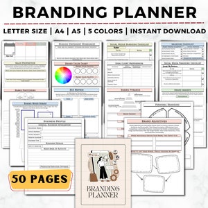 May include: A branding planner with worksheets for business development. The planner includes sections for mission statements, brand colour charts, social media checklists, and brand imagery. The cover features the text "BRANDING PLANNER" and "50 PAGES".