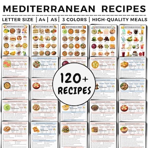 May include: A collection of Mediterranean recipes displayed on cards. The cards are organized by meal type, including breakfast, lunch, dinner, snacks, and beverages. The image includes the text "120+ RECIPES" and "MEDITERRANEAN RECIPES".