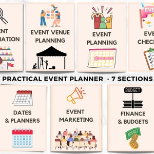 May include: A visual guide for event planning, featuring seven sections. Each section is represented by a card with a title and related illustration. Topics include event information, venue planning, event planning, checklist, dates, marketing, and finance.