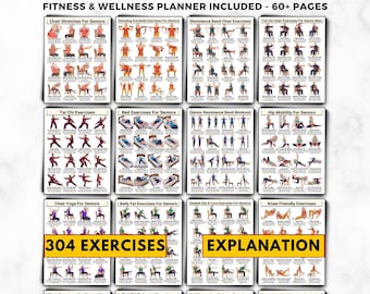 May include: A Senior Exercises Bundle featuring a fitness and wellness planner with 60+ pages and 304 exercises. The collection includes multiple instructional charts with illustrations for chair stretches, tai chi, resistance bands, and mobility routines.