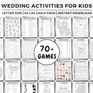 May include: A printable set of 70+ wedding-themed games for kids. The games include mazes, word searches, spot the difference, and more. The games are designed to be printed on A4 or A5 paper.