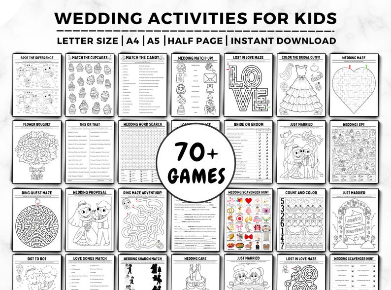 May include: A printable set of 70+ wedding-themed games for kids. The games include mazes, word searches, spot the difference, and more. The games are designed to be printed on A4 or A5 paper.