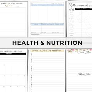 May include: A printable health and nutrition journal with sections for meal planning, exercise tracking, and measurement tracking. The journal has a floral design and includes a 15-day exercise challenge.