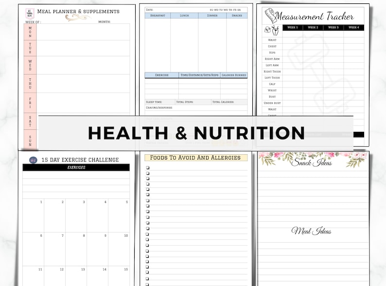 May include: A printable health and nutrition journal with sections for meal planning, exercise tracking, and measurement tracking. The journal has a floral design and includes a 15-day exercise challenge.