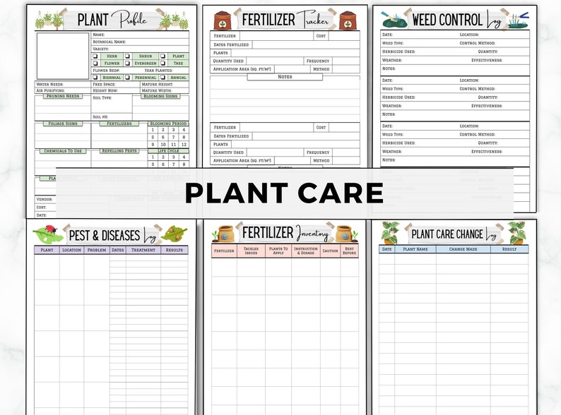 May include: Printable plant care log pages with headings for plant profile, fertiliser tracker, weed control, pest and diseases, fertiliser inventory, and plant care change. Each page has a grid layout with columns for date, plant name, location, problem, treatment, results, and notes.