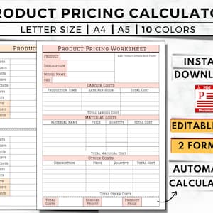 Product Pricing Sheet, Printable & Editable Pricing Worksheet, Pricing Calculator, Auto Calculating, Business Costs, Small Business Planner