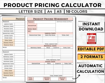 Product Pricing Worksheet, Auto Calculating, Small Business (Printable & Editable PDF)
