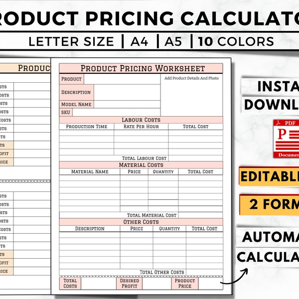 Product Pricing Sheet, Printable & Editable Pricing Worksheet, Pricing Calculator, Auto Calculating, Business Costs, Small Business Planner