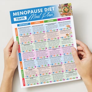 May include: A colorful 7-day Menopause Diet Meal Plan, held by hands. The plan includes breakfast, lunch, dinner, and snack options. The top of the plan has the words "MENOPAUSE DIET" and "Meal Plan".