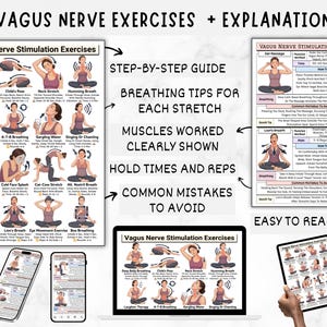 Puede incluir: Una gu&iacute;a titulada "Ejercicios del nervio vago + Explicaci&oacute;n" con instrucciones paso a paso para varios ejercicios. La gu&iacute;a incluye consejos de respiraci&oacute;n, m&uacute;sculos trabajados, tiempos de retenci&oacute;n, repeticiones y errores comunes a evitar. El dise&ntilde;o es f&aacute;cil de leer.