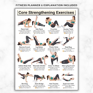 Può includere: Un poster per la pianificazione del fitness con il titolo "Core Strengthening Exercises". Presenta istruzioni illustrate per esercizi come Plank Hold, Crunches e Russian Twist. Il poster include nomi di esercizi, descrizioni e conteggi delle ripetizioni.