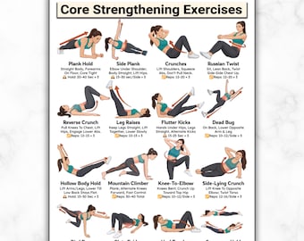 Core & Abs Workout Exercises, No Equipment Core Strengthening Home Fitness Guide, Core Strength Abdominal Muscles Training, Printable Poster