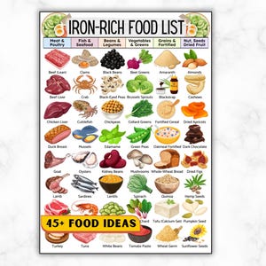 May include: An educational chart titled Iron-Rich Food List featuring colourful illustrations of various food items categorised into columns including meat, poultry, fish, seafood, beans, legumes, vegetables, greens, grains, fortified foods, nuts, seeds, and dried fruit.