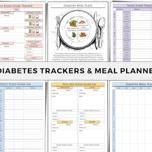 May include: Printable diabetes trackers and meal planner with a visual guide to a healthy meal plate. The printable sheets include a daily blood sugar tracker, weekly blood sugar log, food and blood sugar log, and a diabetes meal plan.