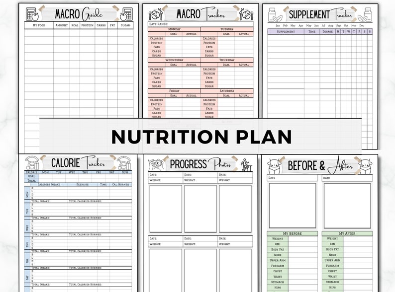 May include: A printable nutrition plan with sections for tracking macros, calories, supplements, progress photos, and before and after measurements. The pages are designed with a light pink and blue color scheme and feature cute illustrations of food and fitness.