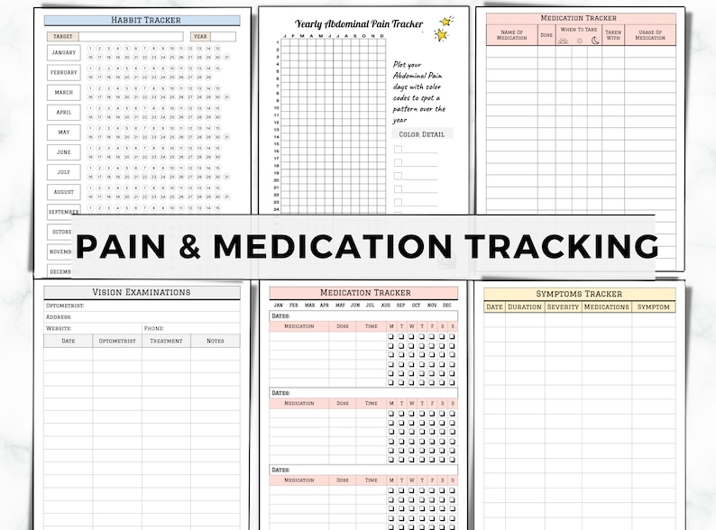 May include: Printable pain and medication tracking log sheets. The sheets include sections for tracking habits, vision examinations, medication, symptoms, and abdominal pain.