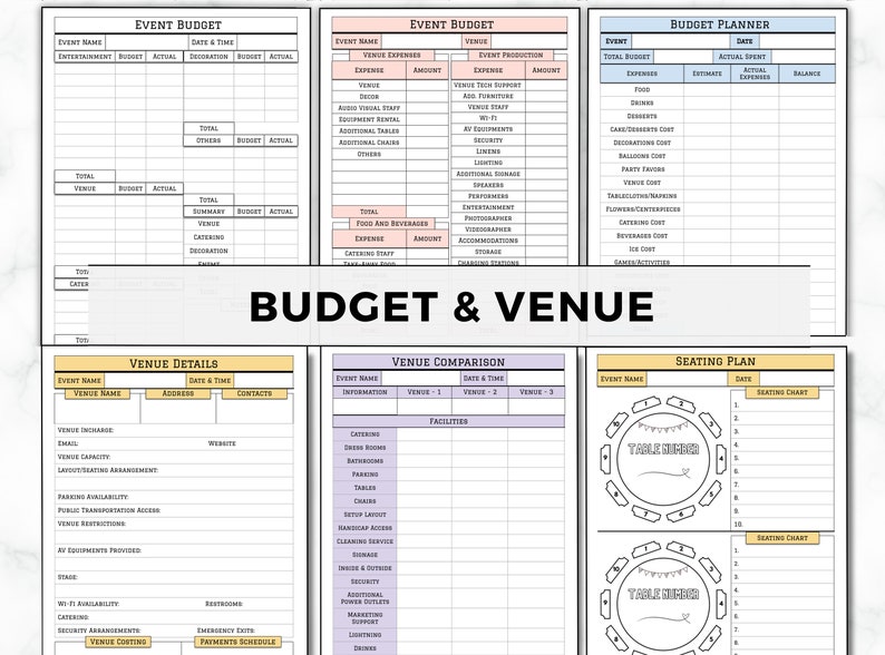 Pu&ograve; includere: Un foglio di calcolo stampabile per la pianificazione del budget e della sede con sezioni per il nome dell'evento, la data, l'ora, il budget, le spese effettive, i dettagli della sede, il confronto delle sedi e la planimetria dei posti a sedere. Il foglio di calcolo &egrave; progettato per aiutare a pianificare e organizzare eventi.