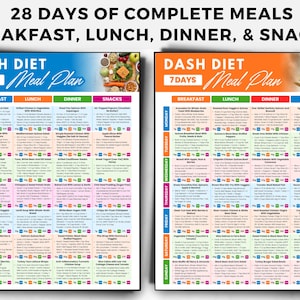 May include: Two colorful meal plan charts with the text "28 Days of Complete Meals" and "Dash Diet Meal Plan." The charts list breakfast, lunch, dinner, and snack options for each day of the week.