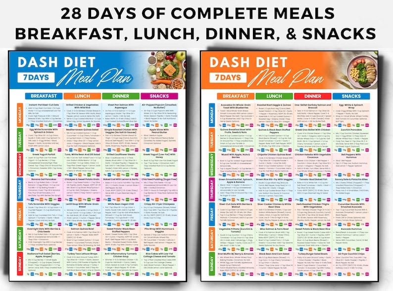 May include: Two colorful meal plan charts with the text "28 Days of Complete Meals" and "Dash Diet Meal Plan." The charts list breakfast, lunch, dinner, and snack options for each day of the week.