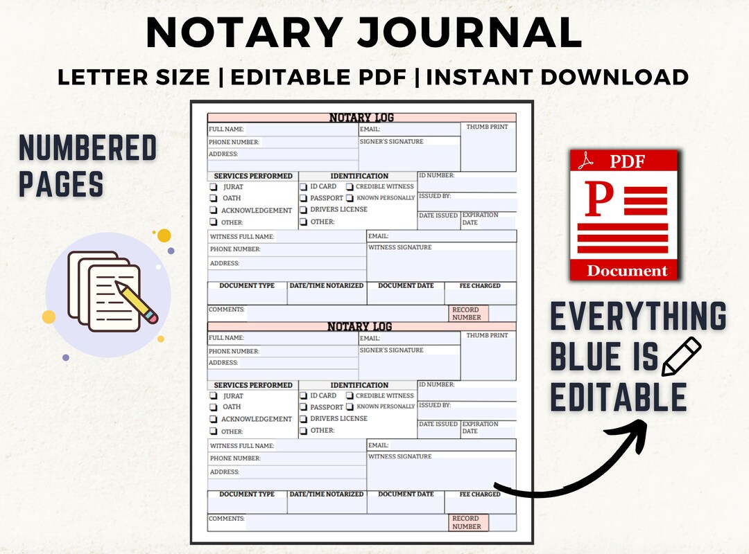 Printable Notary Journal Notary Public Record Book To Log Notarial