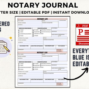Printable Notary Journal, Notary Public Record Book To Log Notarial Acts For Signing Agent, Notary Supplies, Editable PDF Digital Template