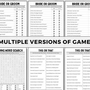May include: A printable wedding game set with three different games: Bride or Groom, Wedding Word Search, and This or That. The games are black and white and feature a variety of wedding-themed questions and activities.