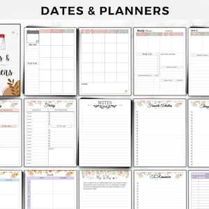 May include: A printable planner with a floral design. The planner includes pages for daily, weekly, and monthly planning, as well as sections for notes, favorite quotes, things to avoid, and important dates.