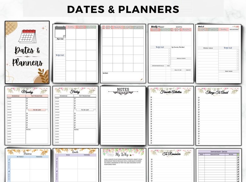 May include: A printable planner with a floral design. The planner includes pages for daily, weekly, and monthly planning, as well as sections for notes, favorite quotes, things to avoid, and important dates.