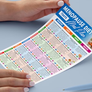 May include: A colorful 7-day menopause diet meal plan. The plan is held by hands and features a detailed daily menu with breakfast, lunch, dinner, and snack options. The top of the plan reads "Menopause Diet Meal Plan".