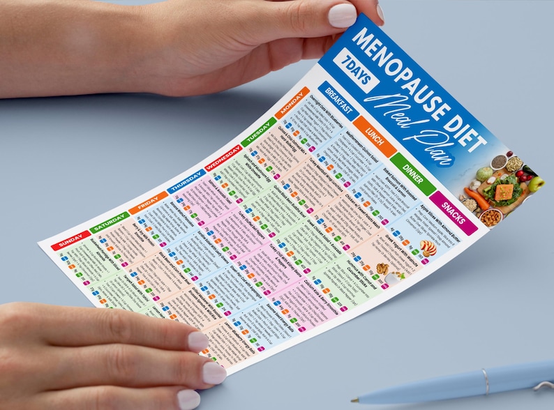 May include: A colorful 7-day menopause diet meal plan. The plan is held by hands and features a detailed daily menu with breakfast, lunch, dinner, and snack options. The top of the plan reads "Menopause Diet Meal Plan".