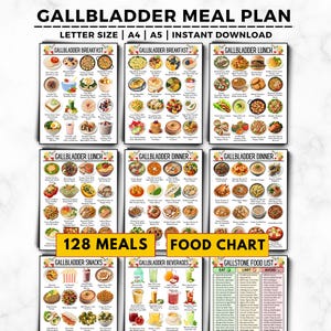 May include: A collection of printable meal plan charts for gallbladder health, featuring breakfast, lunch, dinner, snacks, and beverages. The charts include 128 meal options and a food list. The text on the image says "GALLBLADDER MEAL PLAN" and "FOOD CHART".