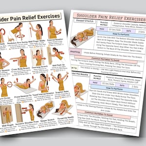 May include: Two white printed sheets with shoulder pain relief exercises. The left sheet shows illustrations of various exercises, including shoulder rolls and arm circles. The right sheet details specific stretches, muscles worked, and how to perform them.