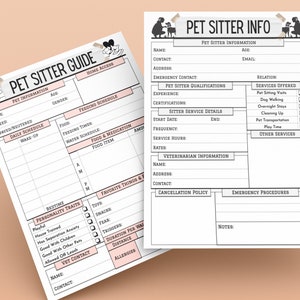 May include: A printable pet sitter guide with sections for pet information, daily schedule, feeding schedule, personality traits, favourite things, vet contact, pet sitter information, sitter service details, veterinarian information, cancellation policy, emergency procedures, and notes.