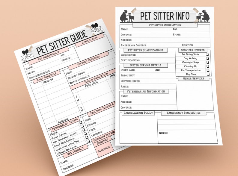 May include: A printable pet sitter guide with sections for pet information, daily schedule, feeding schedule, personality traits, favourite things, vet contact, pet sitter information, sitter service details, veterinarian information, cancellation policy, emergency procedures, and notes.