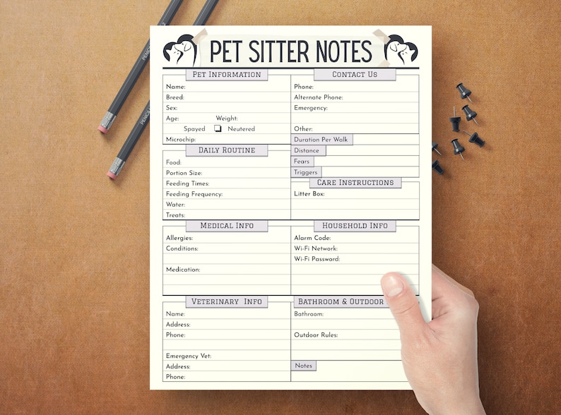 May include: A printable pet sitter notes sheet with sections for pet information, daily routine, medical info, veterinary info, household info, bathroom and outdoor, and contact us. The sheet is white with purple and grey accents.