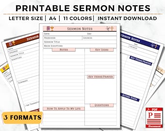 Printable Sermon Notes Journal, Scripture Study, Church Planner (PDF)
