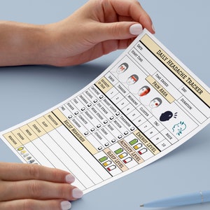 May include: A printable daily headache tracker with a black and white illustration of a person with a headache. The tracker includes sections for date, start time, time ended, pain area, duration, intensity of pain, caffeine, bright light, motion, energy level, activity level, sleep level, and relief measures.