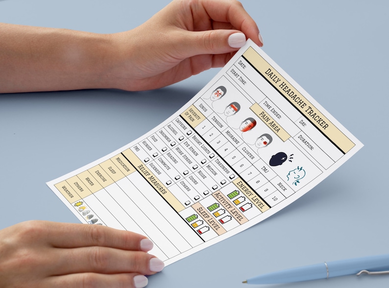 May include: A printable daily headache tracker with a black and white illustration of a person with a headache. The tracker includes sections for date, start time, time ended, pain area, duration, intensity of pain, caffeine, bright light, motion, energy level, activity level, sleep level, and relief measures.