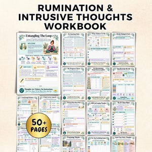 Cahier d'exercices sur les pensées intrusives et la rumination, journal de rumination, fiches d'exercices TCC/DBT pour le TDAH, stratégies d'adaptation pour les TOC et l'anxiété, outils de thérapie pour les thérapeutes