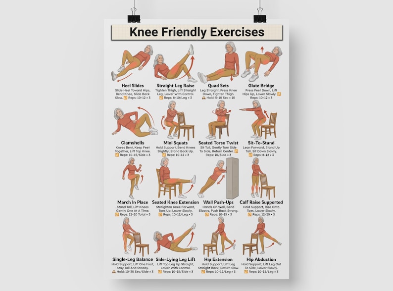 May include: A poster titled "Knee Friendly Exercises" displays illustrated exercises for knee health. The exercises include Heel Slides, Straight Leg Raise, Quad Sets, Glute Bridge, Clamshells, Mini Squats, Seated Torso Twist, Sit-to-Stand, March in Place, Seated Knee Extension, Wall Push-Ups, Calf Raise Supported, Single-Leg Balance, Side-Lying Leg Lift, Hip Extension, and Hip Abduction.