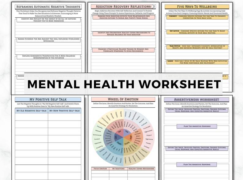 May include: A printable mental health worksheet with sections for reframing negative thoughts, addiction recovery reflections, five ways to wellbeing, my positive self-talk, wheel of emotion, and assertiveness worksheet.