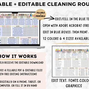 Pu&ograve; includere: Un programma di pulizia digitale stampabile con un design colorato. Il programma &egrave; diviso in giorni della settimana e include un elenco di attivit&agrave; di pulizia. Il testo "CLEANING SCHEDULE" &egrave; in cima al programma. Il programma &egrave; modificabile in Adobe Acrobat e Google Slides.
