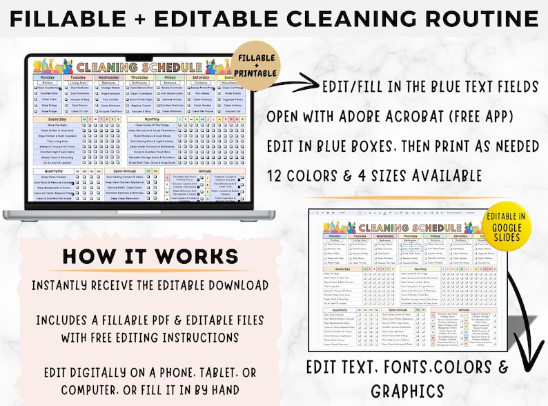 Pu&ograve; includere: Un programma di pulizia digitale stampabile con un design colorato. Il programma &egrave; diviso in giorni della settimana e include un elenco di attivit&agrave; di pulizia. Il testo "CLEANING SCHEDULE" &egrave; in cima al programma. Il programma &egrave; modificabile in Adobe Acrobat e Google Slides.