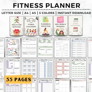 Fitness Planner, Printable Health and Fitness Planner Bundle, Fitness Journal, Weight Loss Journal, Glow Up Meal Planner, Workout Trackers